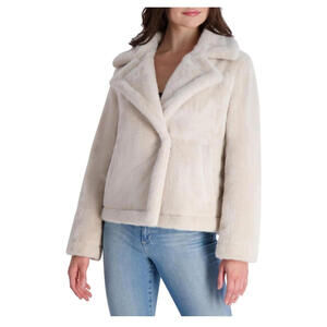 French Connection Short Faux Fur Lapel Shearling Coat Women's Size XL Cream